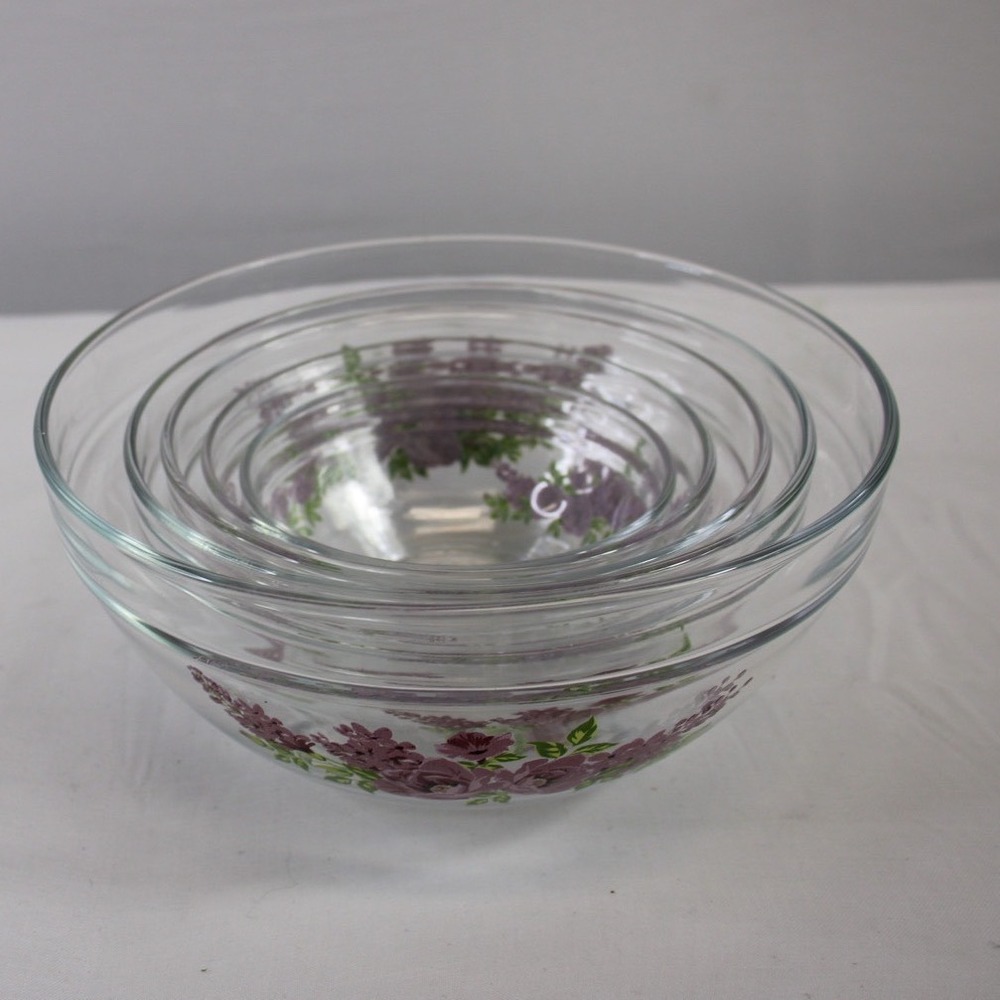 5 Vintage Durable Heat Resistant Nesting Glass Bowls Mixing Bowls Floral Lilac